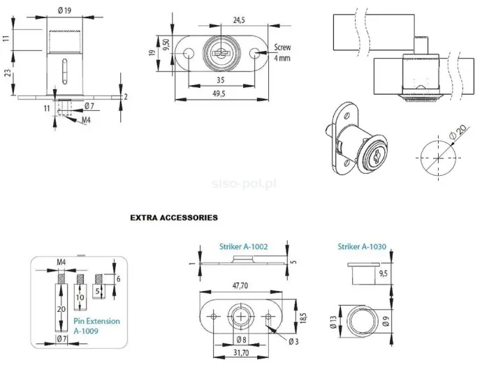 Zamek wciskany w systemie 1 klucza Siso X-1003 do drzwi przesuwnych - niklowany / fi 19 mm