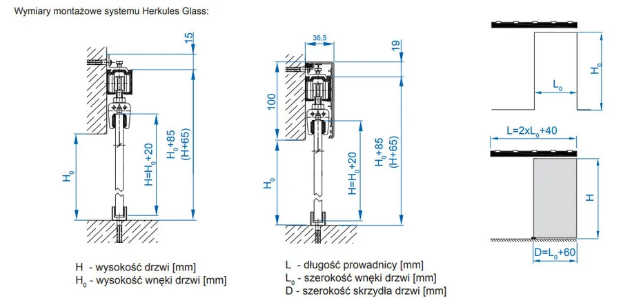 Zestaw HERKULES GLASS HG20 do 1 drzwi szklanych / dł. 200 cm / 100 kg