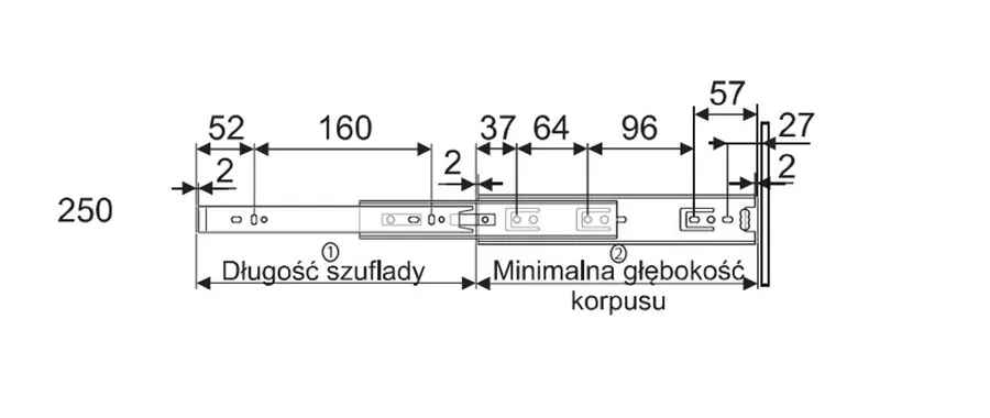 Prowadnica PK44 dł 25 cm Ocynk Biały 100%  wysuw, 30kg