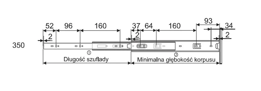 Prowadnica PK44 dł 35 cm Ocynk Biały, 100%  wysuw, 30kg