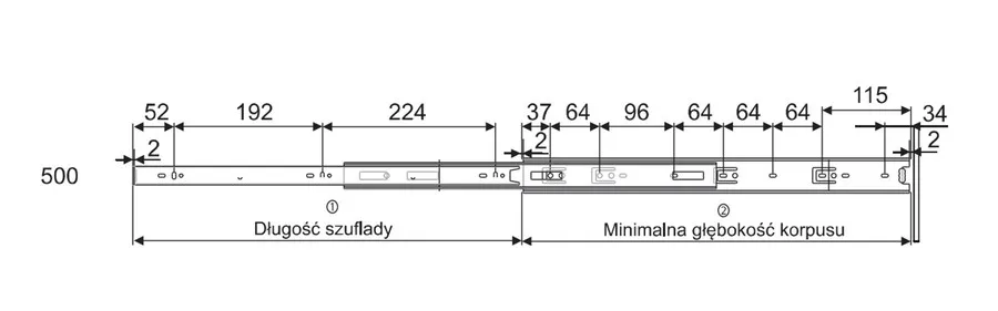 Prowadnica PK44 dł 50 cm Ocynk Biały 100%  wysuw, 30kg