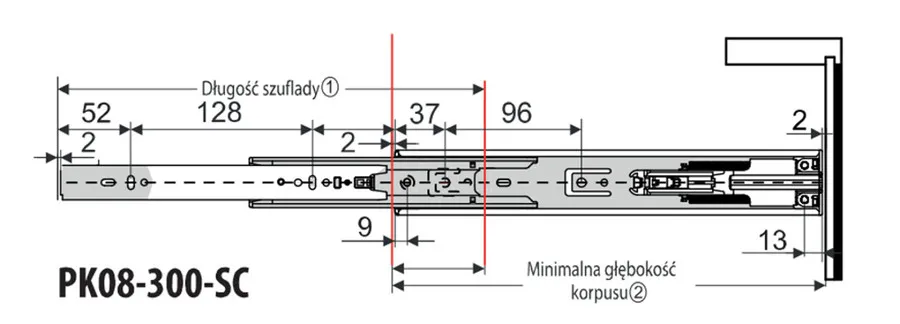 Prowadnica PK08 z DOCIĄGIEM dł 30cm ocynk biały,100% wysuw, 45kg