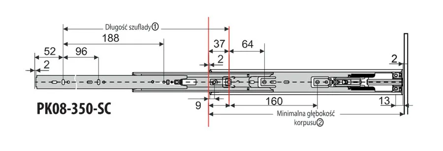 Prowadnica PK08 z DOCIĄGIEM dł 35cm ocynk biały,100% wysuw, 45kg