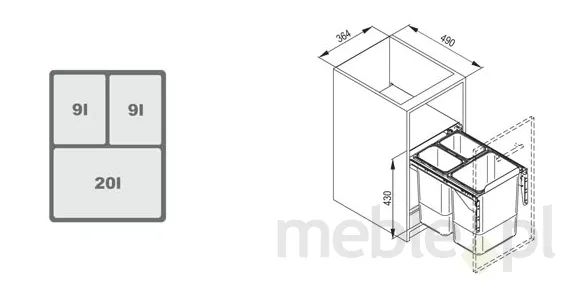 Szuflada z 3 pojemnikami na odpady JC601 40 cm / 44 cm - srebrny / z mocowaniem frontu
