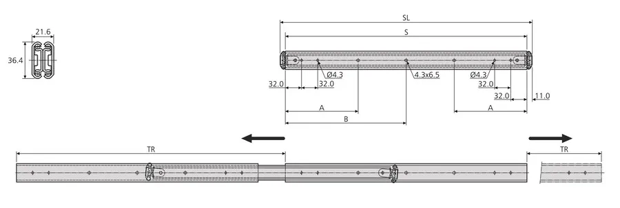 Prowadnica kulkowa DZ3630 / dł. 55 cm / 45 kg / 2-stronny wysuw 100%