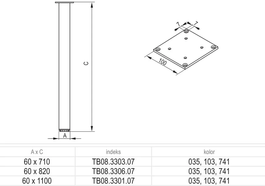 Noga meblowa aluminiowa kwadratowa 6 cm / 110 cm - elektropolerowany