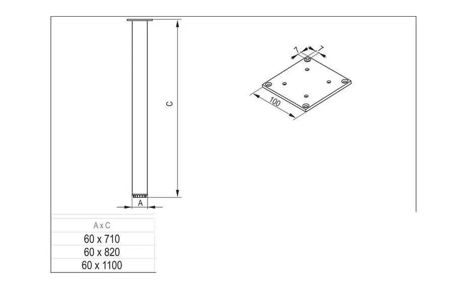 Noga meblowa kwadratowa 60x60 H820mm aluminium C-35 czarny anodowany mat