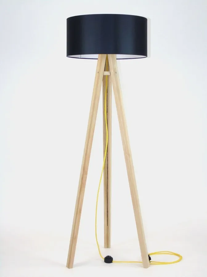 Jesionowa lampa podłogowa WANDA 45x140 cm - czarny abażur