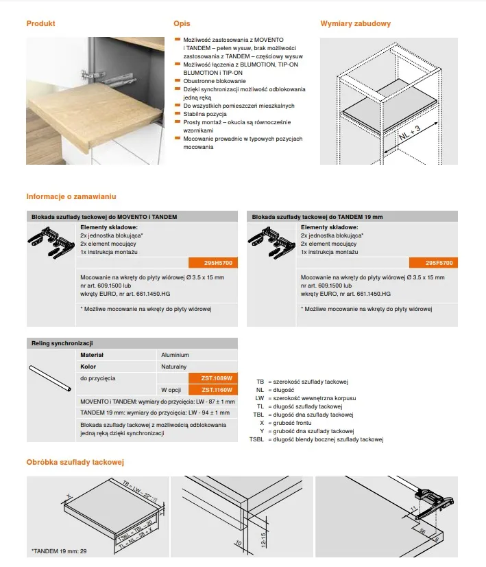 Blokada szuflady tackowej TANDEM 560F, 561F - ciemnoszary / gr. boku 19 mm