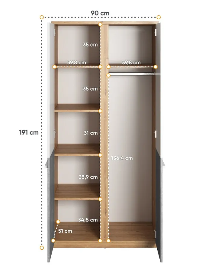 Szafa 2-drzwiowa PLANO PN-02 - dąb nash/biały/beton