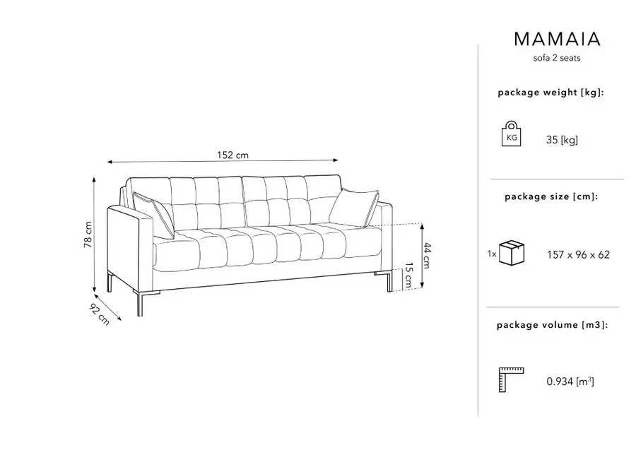 Aksamitna sofa 2-osobowa MAMAIA - czarne nogi