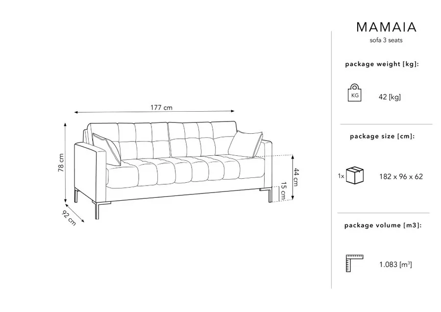 Aksamitna sofa 3-osobowa MAMAIA - czarne nogi