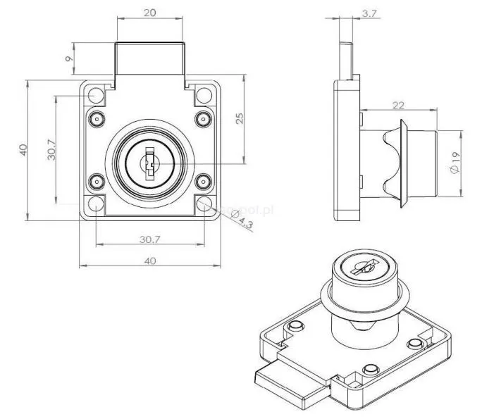 Zamek kwadratowy prawy Siso X-850 - niklowany / fi 19 mm / klucz chowany