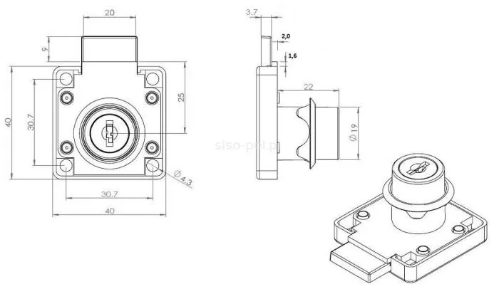 Zamek kwadratowy Siso X-850 - niklowany / fi 19 mm / klucz chowany