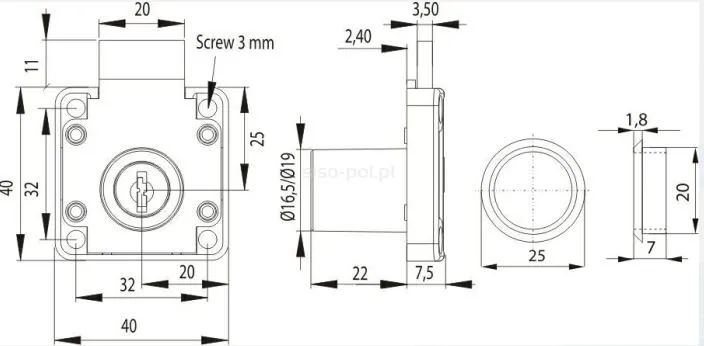 Zamek kwadratowy Siso X-850 w systemie 1 klucza - czarny / fi 19 mm