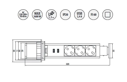 Przedłużacz biurkowy wpuszczany ELEKTRIMA TUBUS / 3x gniazdo z uziemieniem + 2x USB - czarny