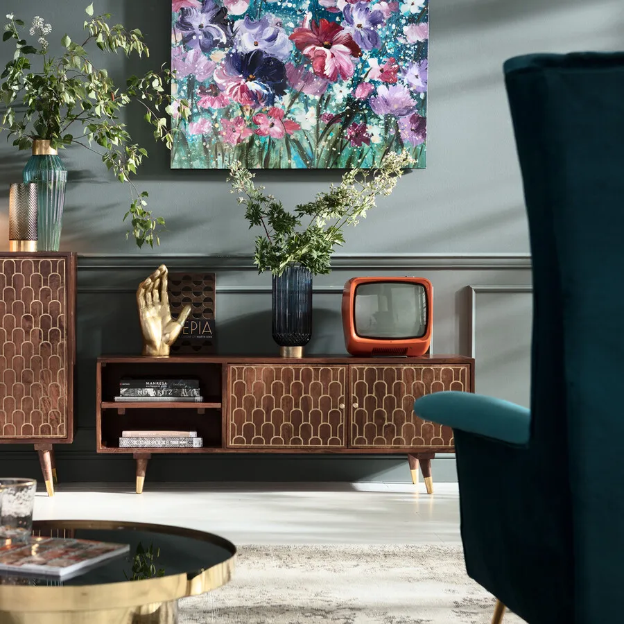 Szafka RTV 2-drzwiowa MUSKAT - drewno mango/złoty