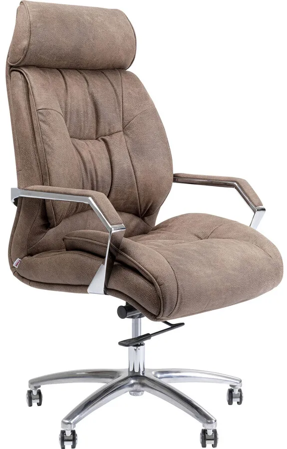 Fotel biurowy tapicerowany z podłokietnikami brązowy nogi srebrne