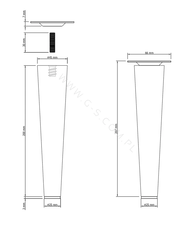 Noga dębowa z blachą montażową ND20 - lakier bezbarwny / stożek wys. 20 cm
