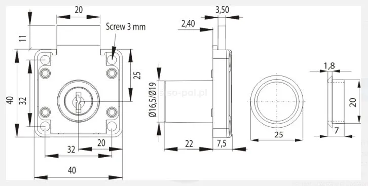 Zamek kwadratowy lewy Siso X-850 MASTER J11 - niklowany / fi 19 mm / klucz łamany