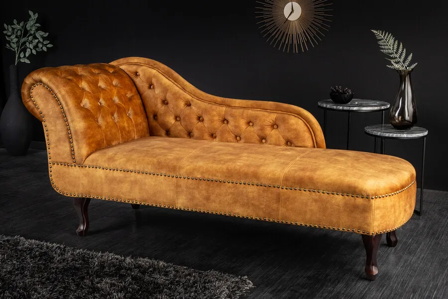 Szezlong pikowany welurowy CHESTERFIELD - musztardowy
