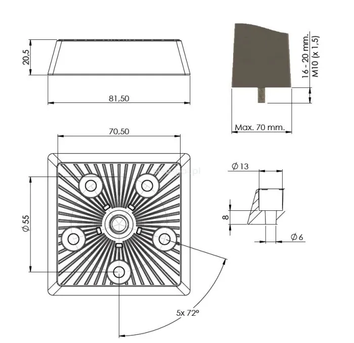 Łącznik nóg kwadratowych Siso RIMA M10 / 70x70 mm