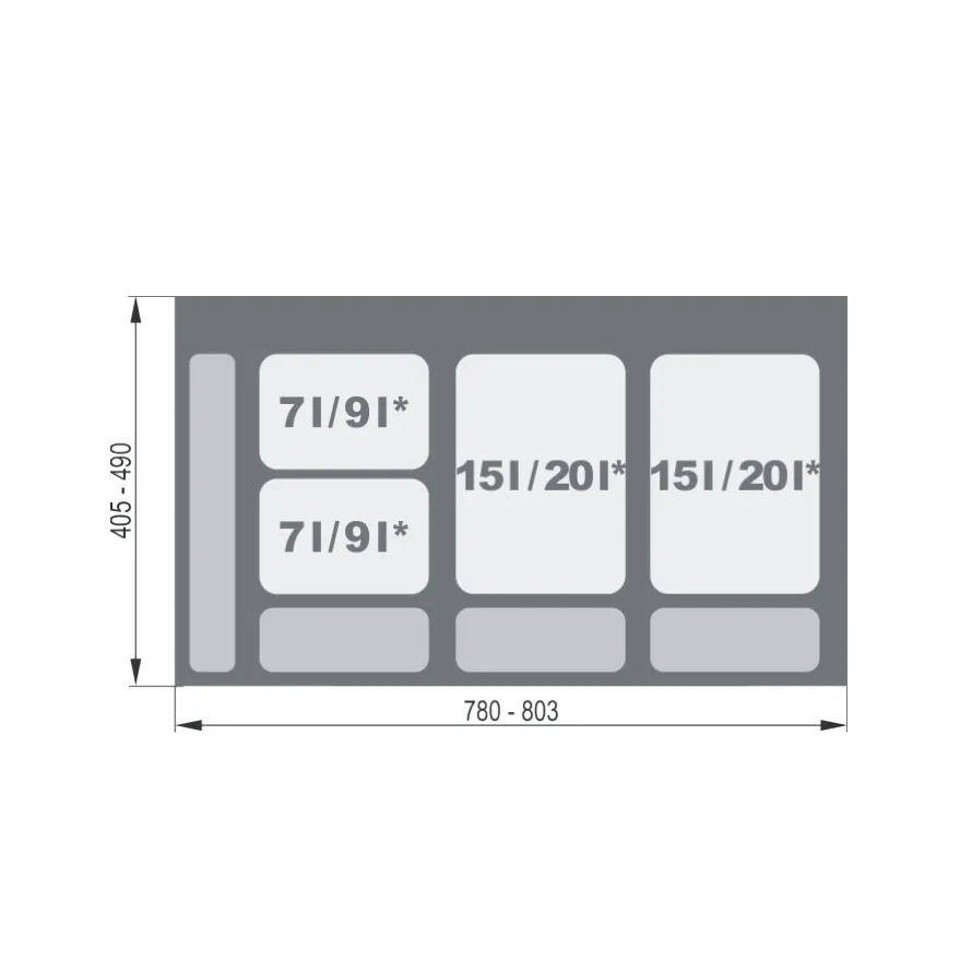 Zestaw 4 pojemników na odpady PRAKTIKO 90cm/30cm - srebrny