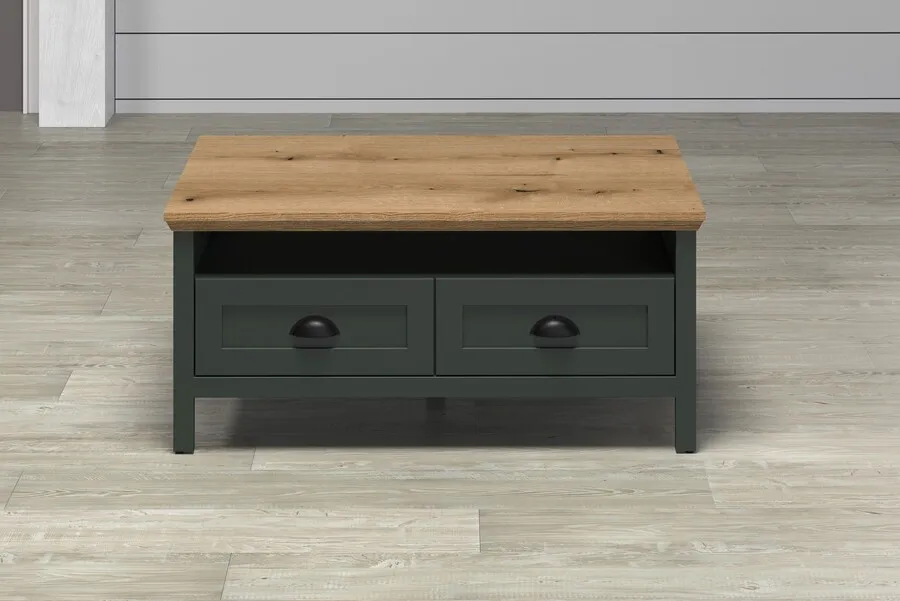 Stolik z szufladami STANTON 101x60 - ciemnozielony/dąb evoke