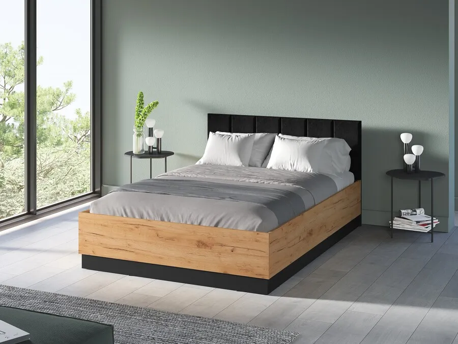Łóżko URSO 1301 z podnoszonym stelażem, do materaca 140 cm - dąb craft złoty/czarny
