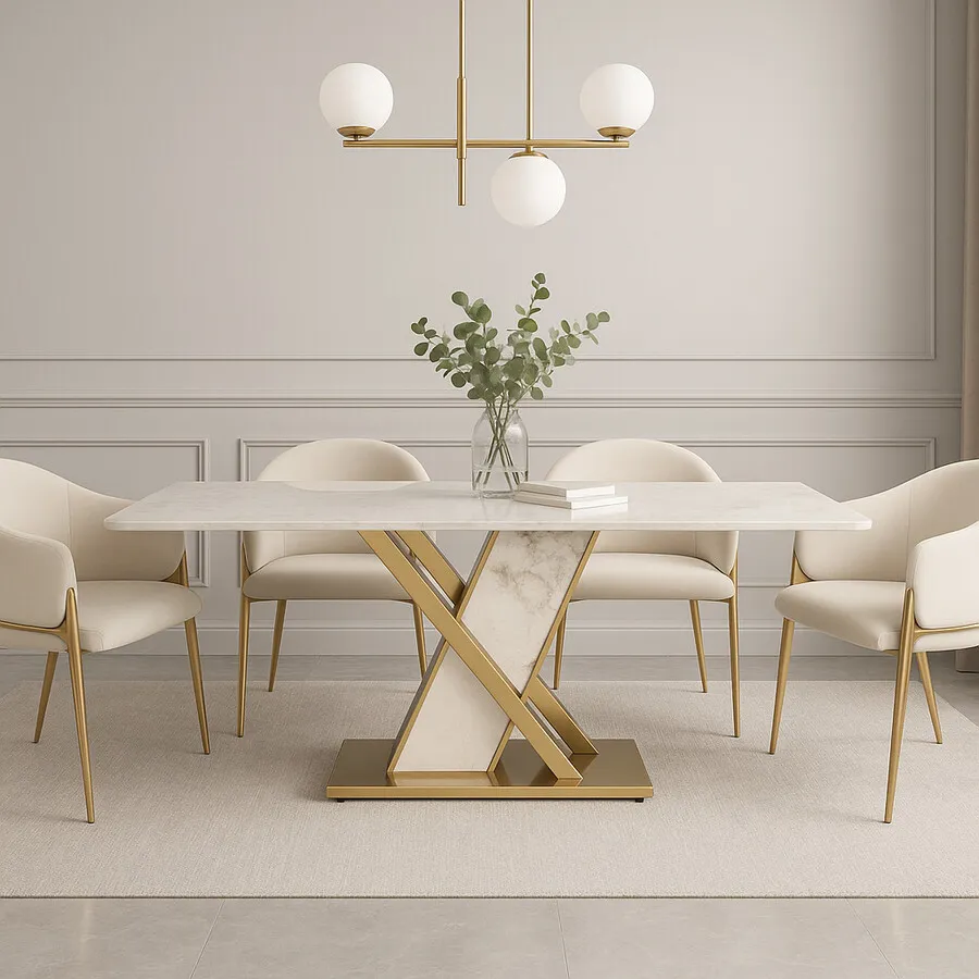Stół MODIG 180x90 z podstawą w kształcie X - biały marmur/złoty