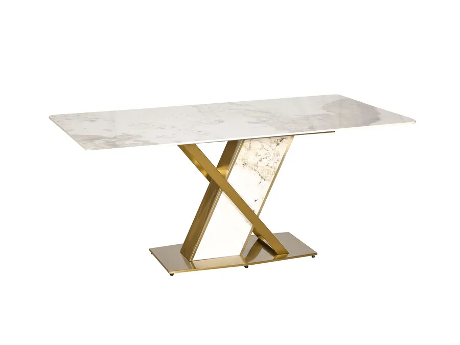 Stół MODIG 180x90 z podstawą w kształcie X - biały marmur/złoty
