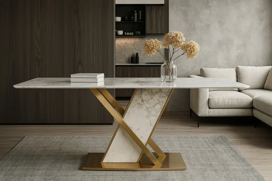 Stół MODIG 180x90 z podstawą w kształcie X - biały marmur/złoty