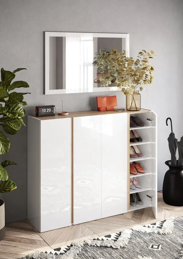 Szafka na buty 4-drzwiowa FRAME - biały połysk