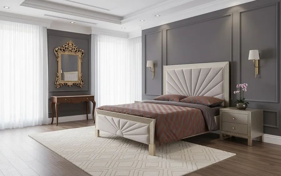Łóżko STILIG Bedroom 160x200 - beżowy/szampańskie złoto