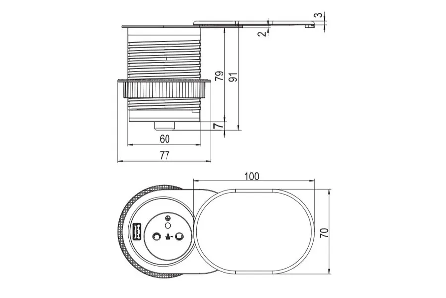 Przedłużacz biurkowy wpuszczany ELEKTRIMA SLIDER okrągły USB A+C - czarny