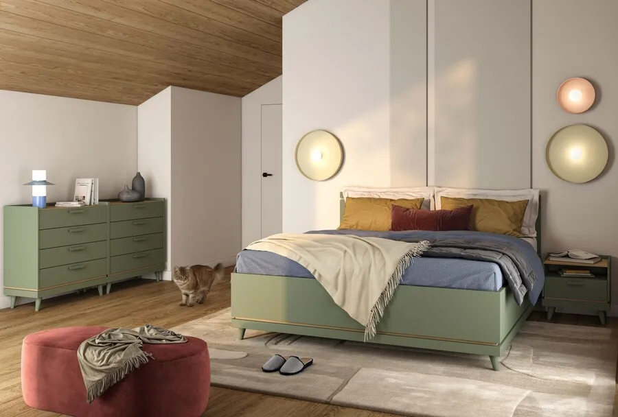 Łóżko z pojemnikiem SCANDI 52 180x200 - zgaszona zieleń/dąb olejowany