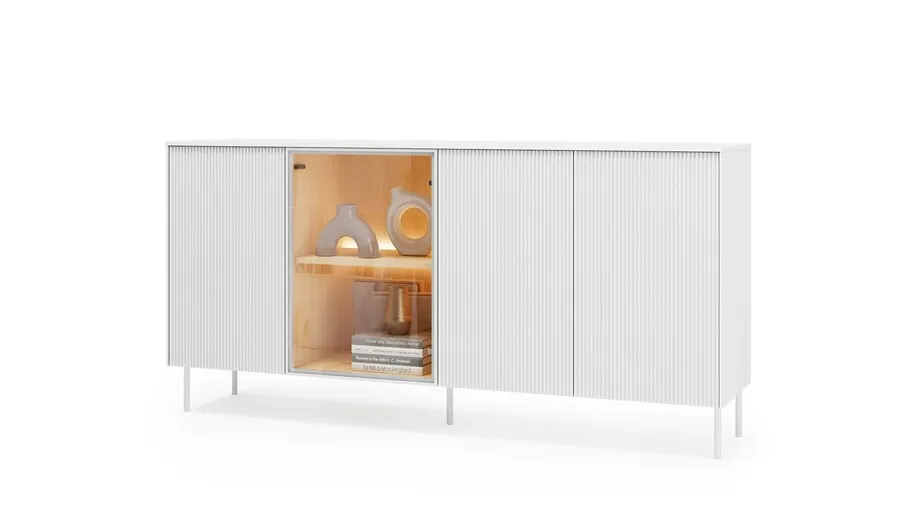 Komoda 4-drzwiowa z oświetleniem LIBA LB-04 170 cm - biały jedwab/dąb vincenza
