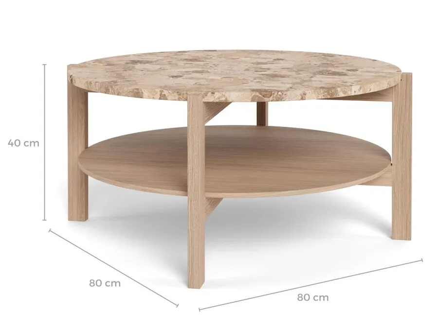 Stolik okrągły z półką DORSETT 80 cm - jasny brązowy/dąb bielony