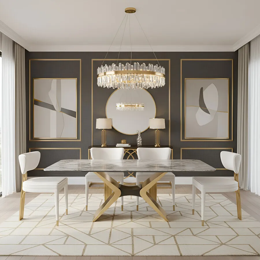 Stół z podstawą X MODIG M40 180x90 - biały marmur/złoty
