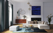 Szara sofa modułowa w dużym salonie